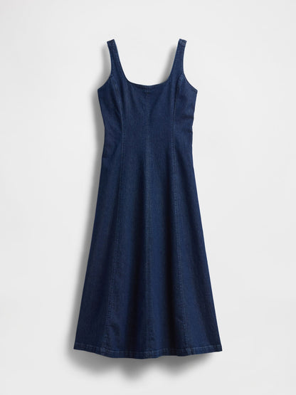 Lacivert Denim Kare Yaka Maxi Elbise