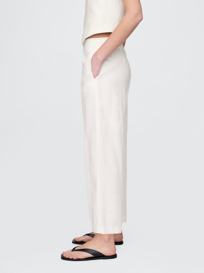 Beyaz Keten Karışımı Relaxed Straight Ankle Pantolon