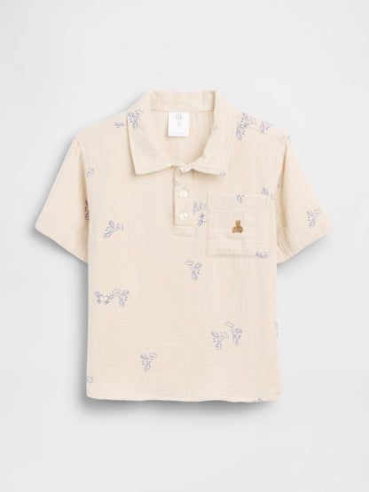 Bej Pamuk Gauze Baskılı Polo T-shirt