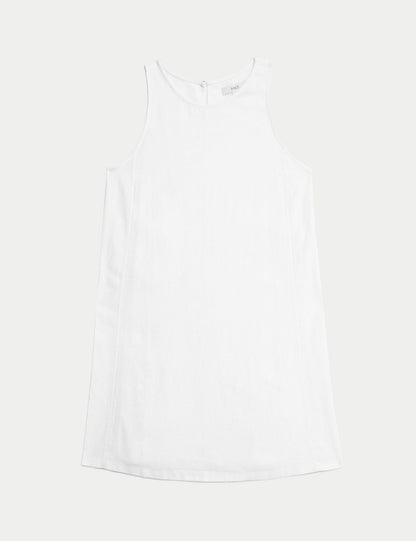 Yuvarlak Yaka Keten Mini Elbise