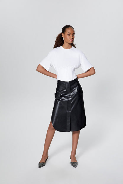 Fermuar Detaylı Beyaz Crop T-shirt