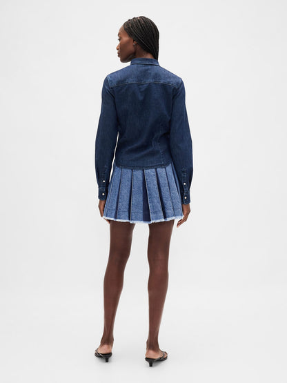 Koyu Mavi Pileli Denim Mini Etek