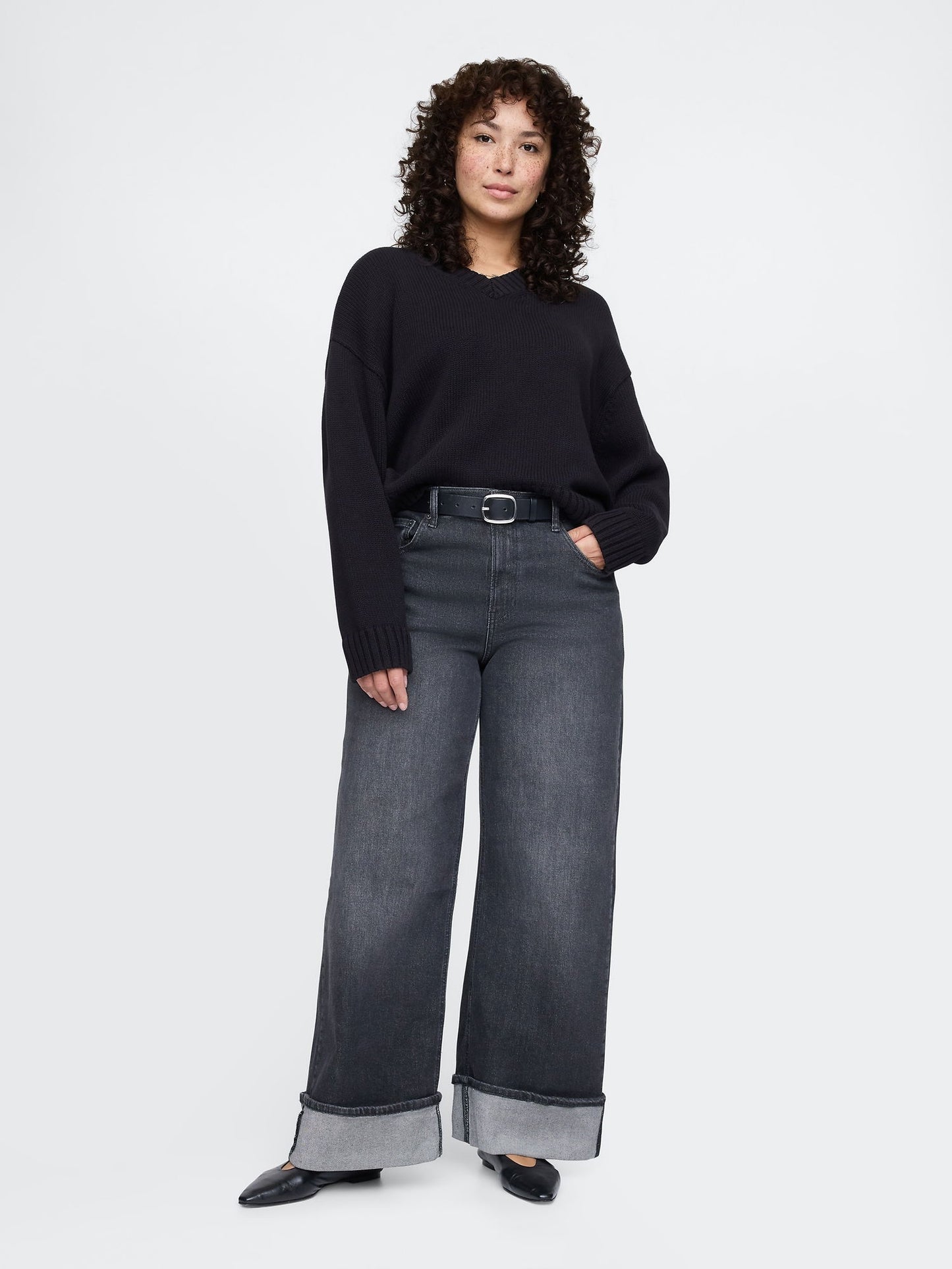 Siyah High Rise Stride Wide-leg Jean Pantolon