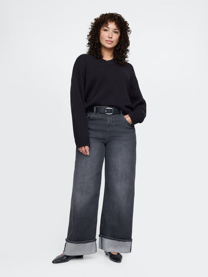 Siyah High Rise Stride Wide-leg Jean Pantolon