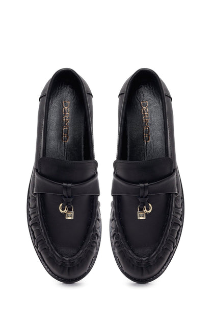 Kadın Siyah Deri Maskülen Loafer