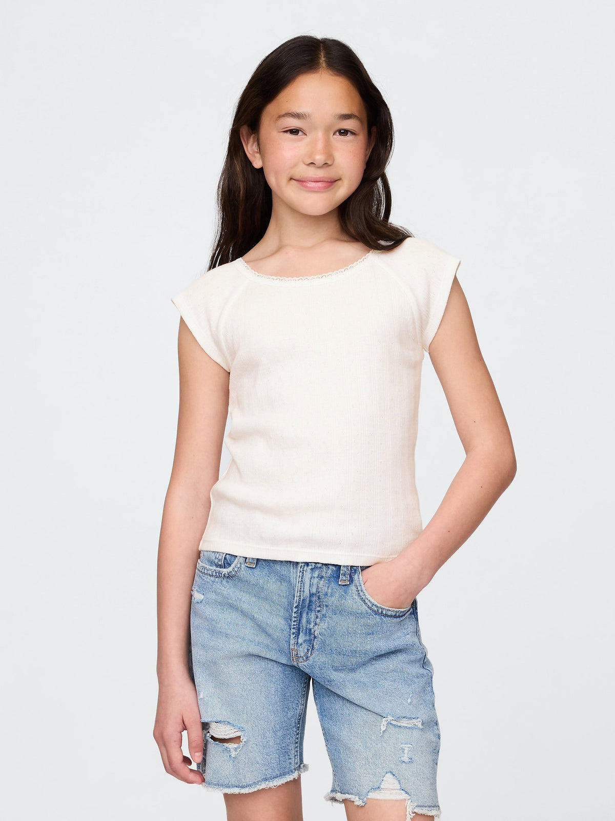Çok Renkli Dantel Yaka Pointelle T-shirt