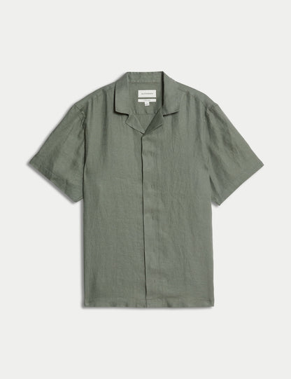 Saf Keten Herringbone Cuban Kısa Kollu Gömlek