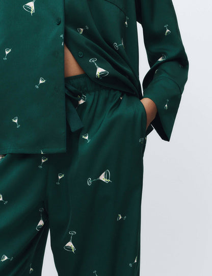 Saten Kokteyl Desenli Pijama Takımı