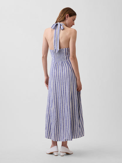 Mavi Keten Karışımlı Halter Maxi Elbise