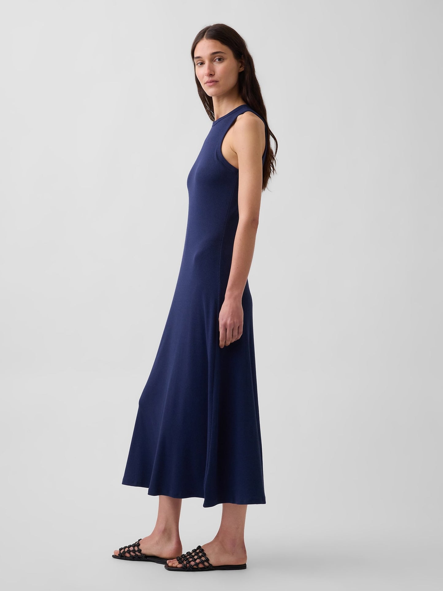 Lacivert Modern Fitilli Shelf-bra Maxi Elbise