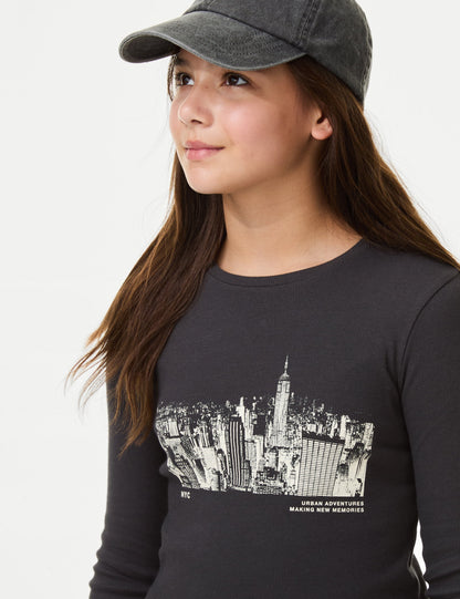 Saf Pamuklu Baskı Detaylı Uzun Kollu T-shirt