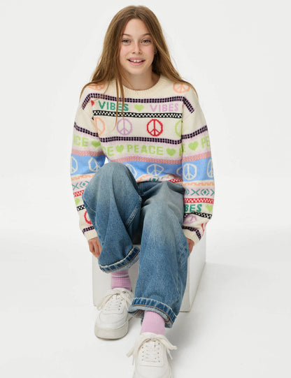 Fair Isle Desenli Yuvarlak Yaka Kazak (6-16 Yaş)