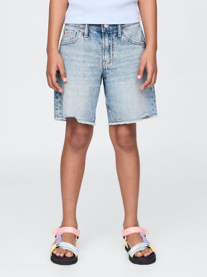 Mavi Düşük Bel Stride Denim Bermuda Şort
