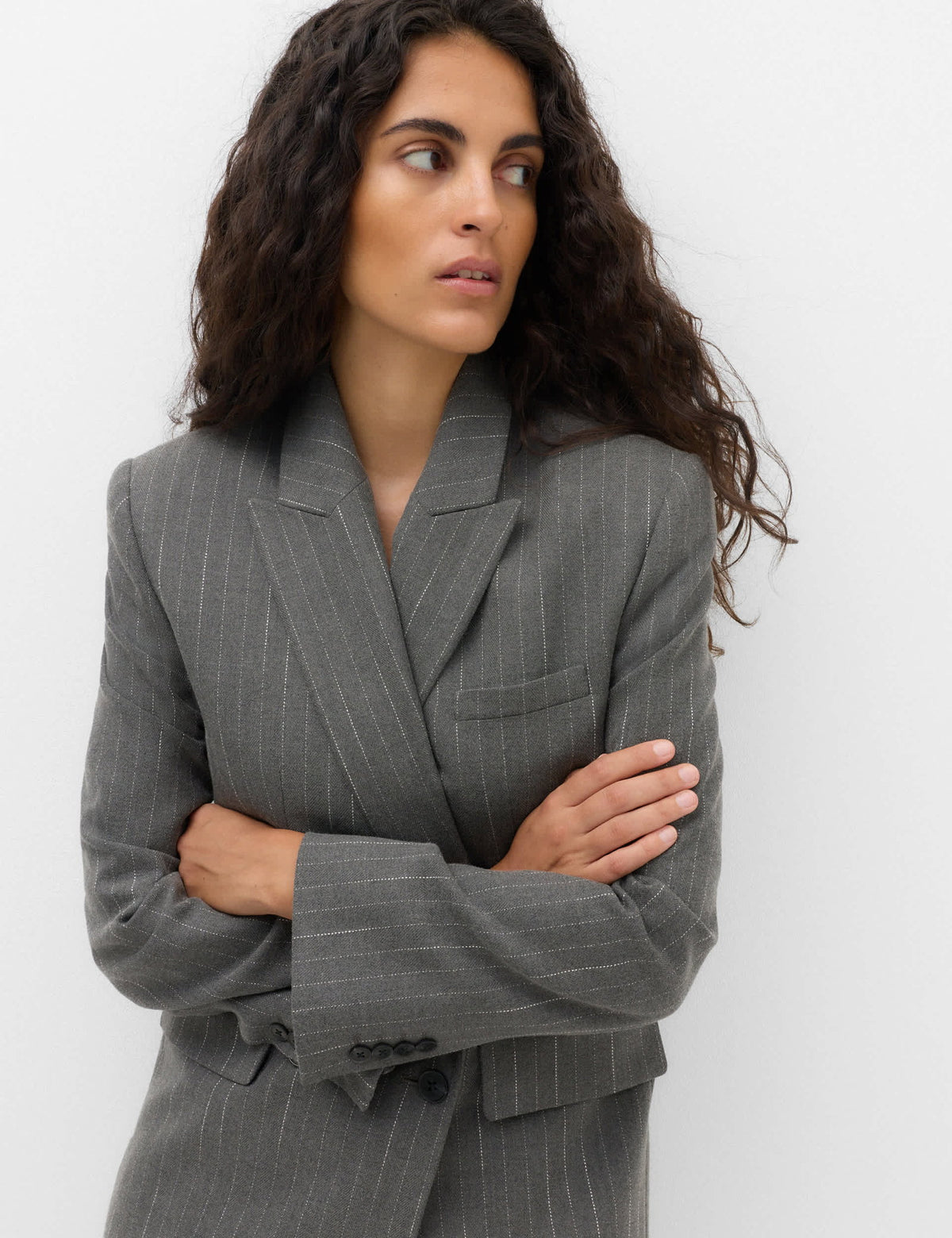 Yün Karışımlı Çizgili Çift Düğmeli Blazer