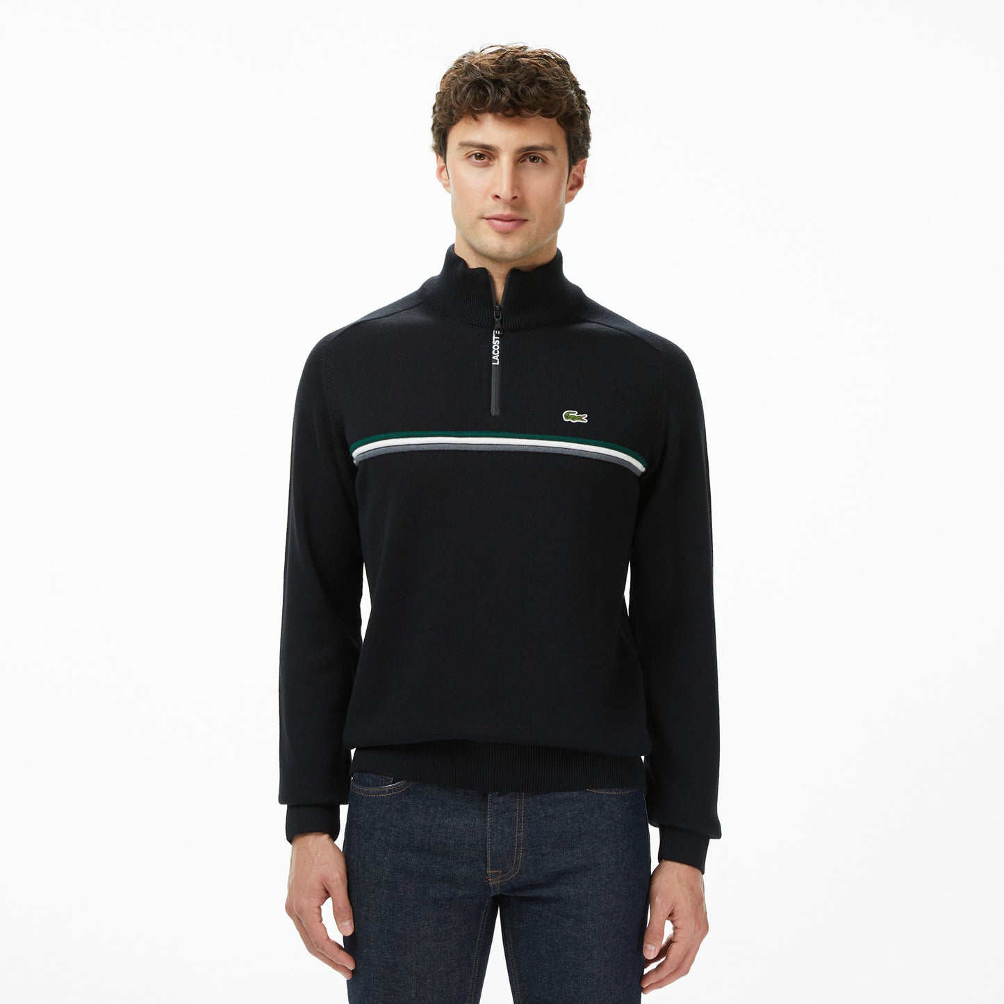 Lacoste Erkek Classic Fit Yarım Fermuarlı Çizgili Siyah Kazak