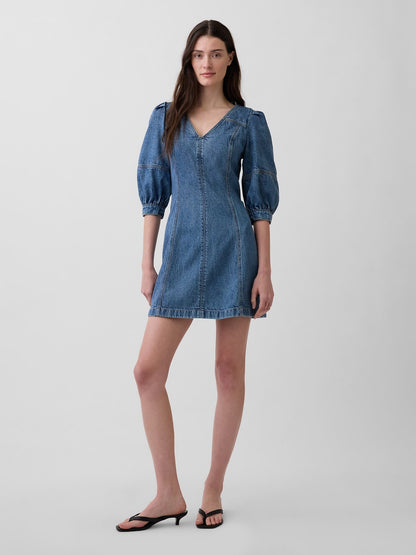 Mavi Ultrasoft Denim Puff-sleeve Mini Elbise