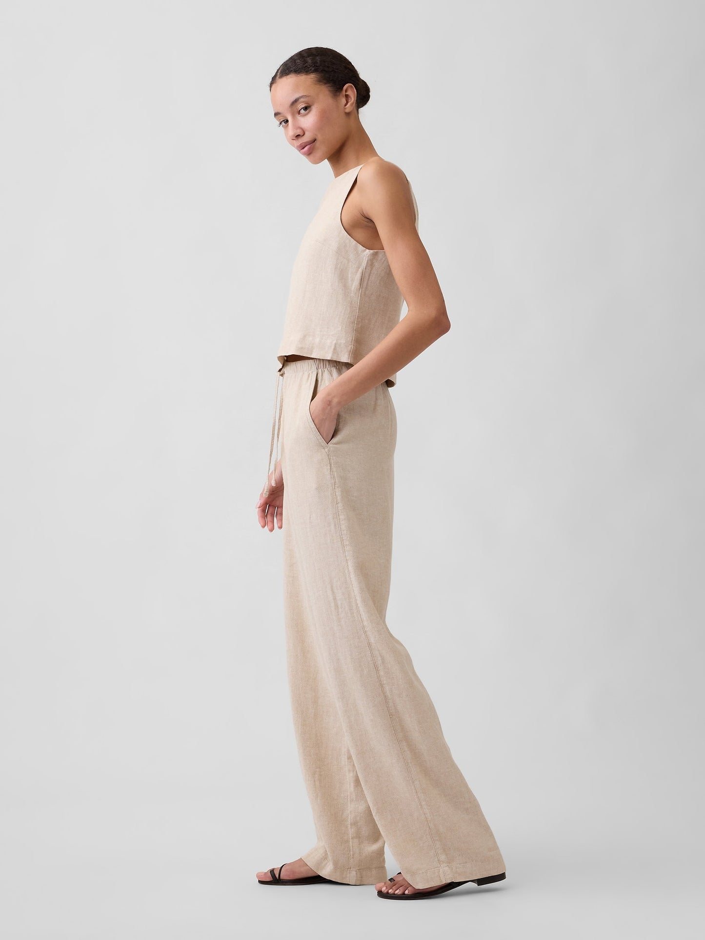 Bej Relaxed Keten Karışımı Wide-leg Pantolon