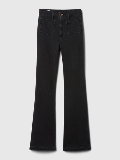 Siyah High Rise '70s Flare Jean Pantolon