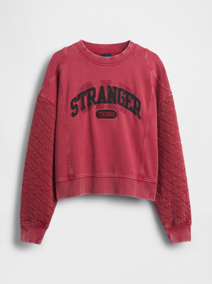 Kırmızı Stranger Things Yastıklı Kol Logolu Sweatshirt