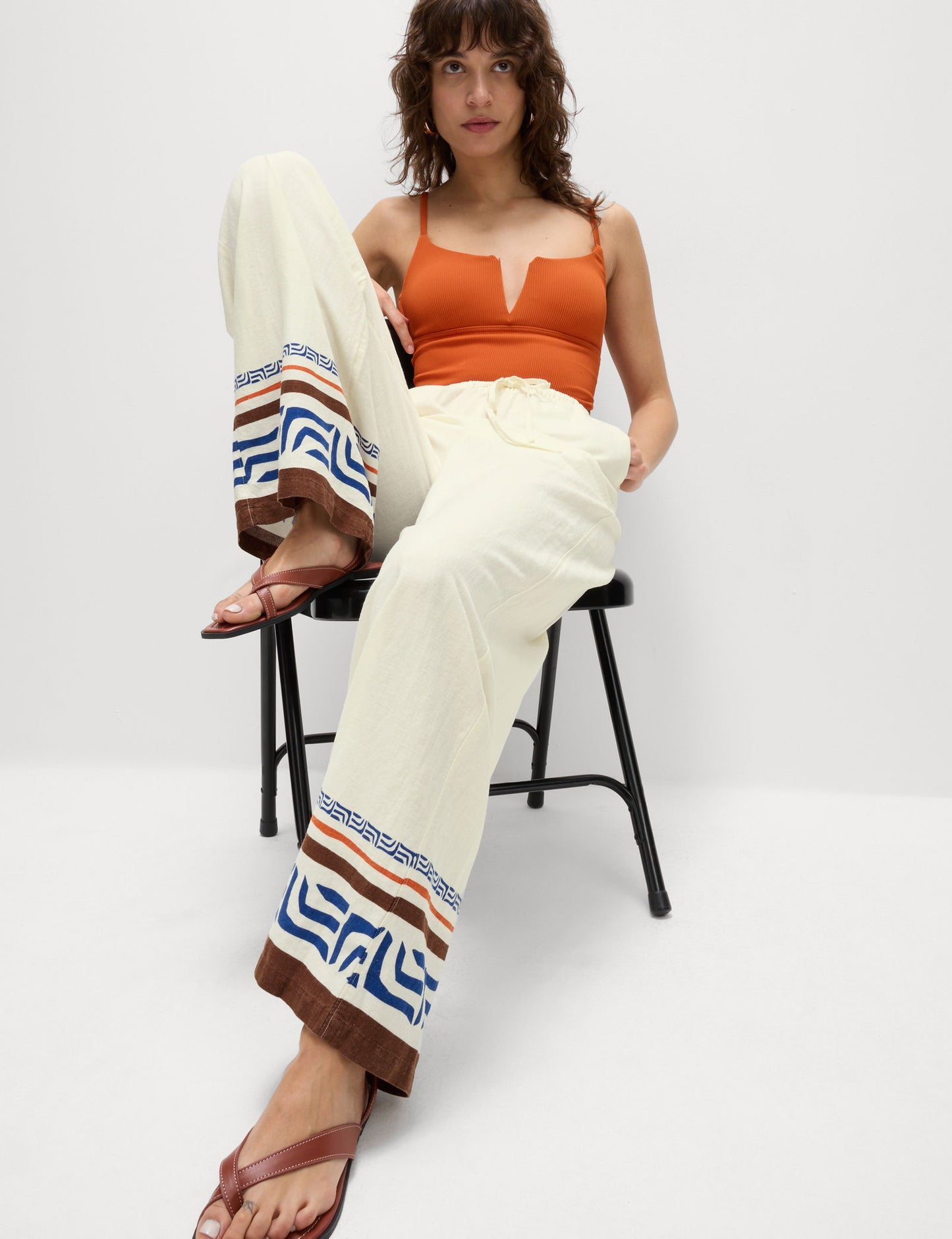 Keten Desenli Wide Leg Pantolon