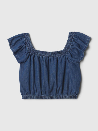 Koyu Mavi Fırfır Kollu Denim Bluz