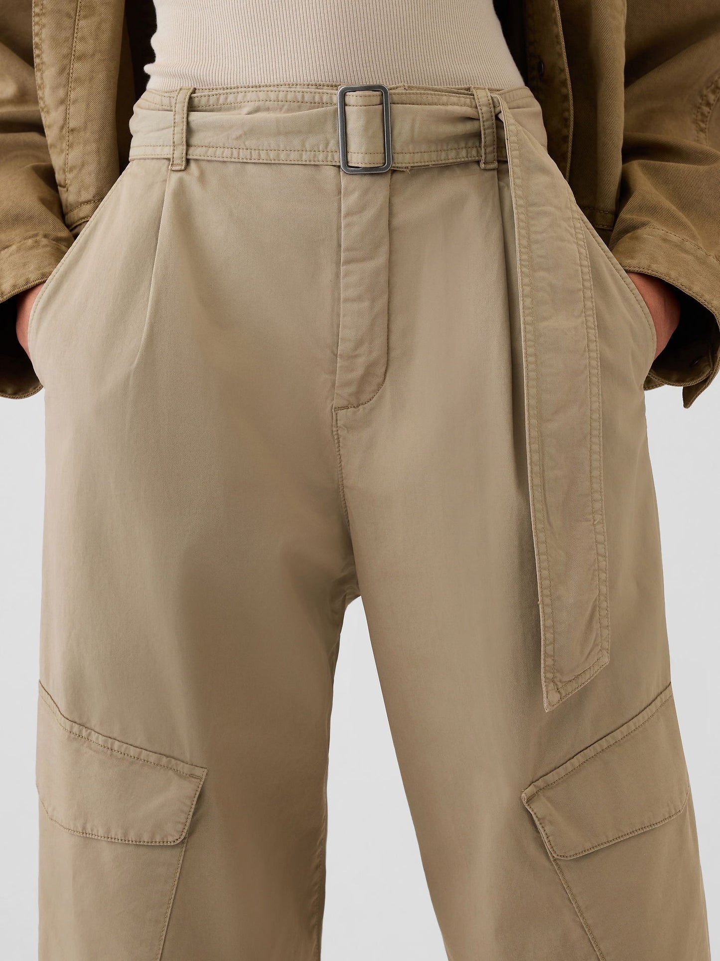 Bej High Rise Kargo Baggy Pantolon
