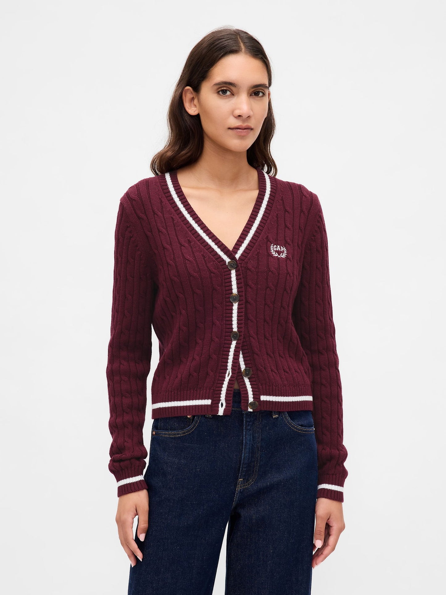 Bordo %100 Pamuk Cable Örgü Crop Gap Logo Hırka