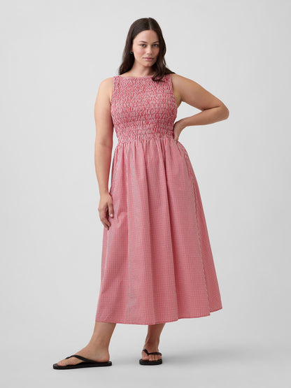 Kırmızı Smocked Boatneck Maxi Elbise