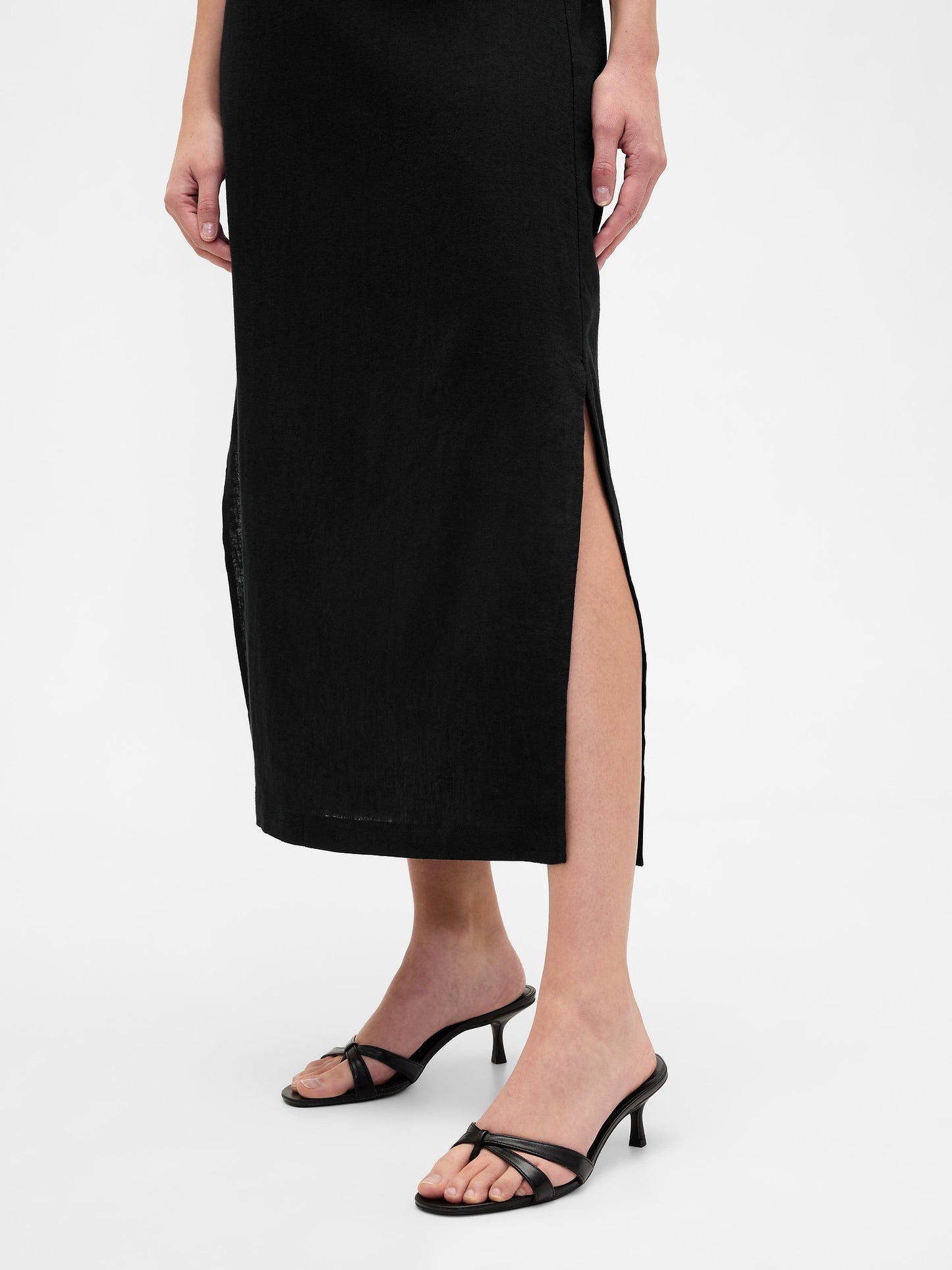 Siyah Keten Karışımı Maxi Slip Etek