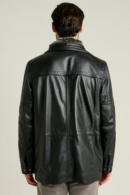 Eduardo Erkek Siyah Çift Yakalı Kürklü Deri Kaban