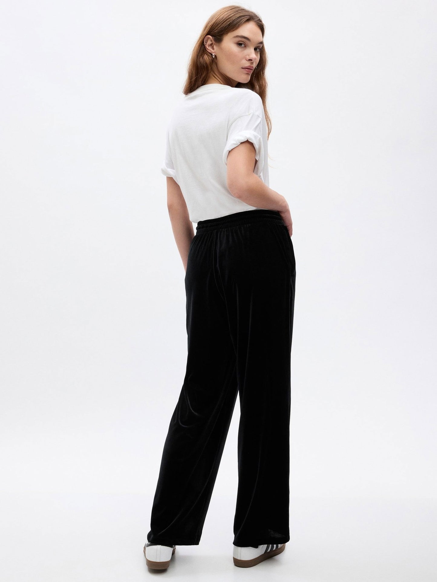 Siyah Mid Rise Kadife Wide Leg Pantolon