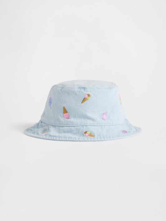 Açık Mavi Işlemeli Denim Bucket Şapka