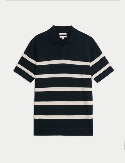 Merino Yün Çizgili Örme Polo Yaka T-shirt