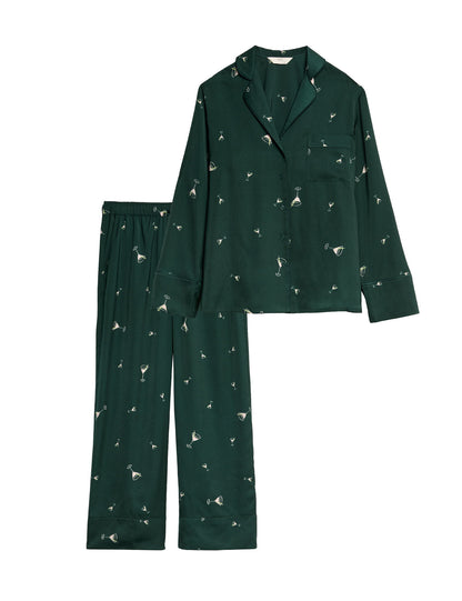 Saten Kokteyl Desenli Pijama Takımı