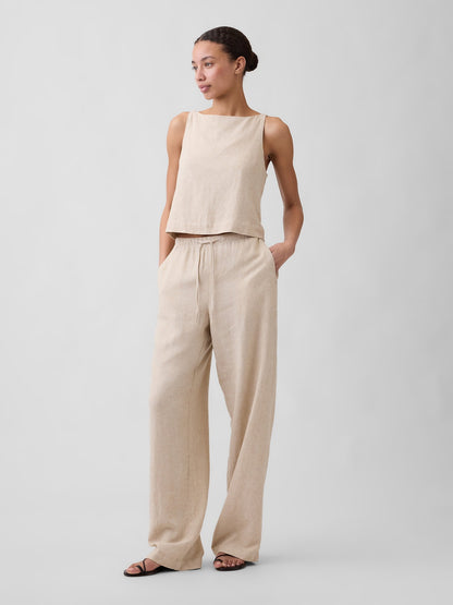 Bej Relaxed Keten Karışımı Wide-leg Pantolon