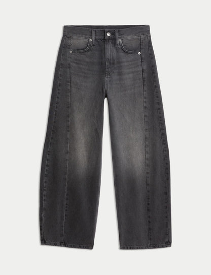 Saf Pamuklu Barrel Leg Jean Pantolon