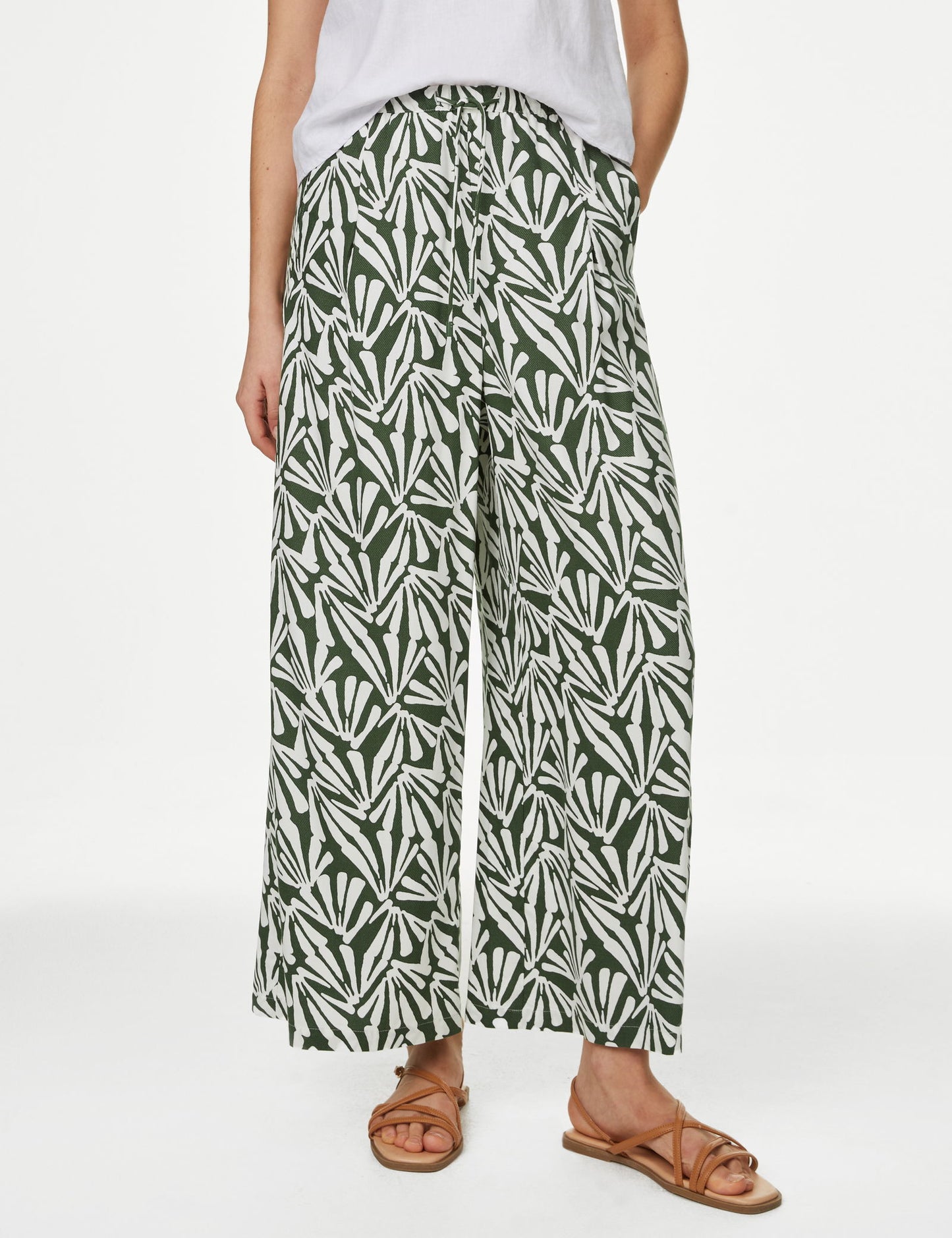 Yüksek Bel Desenli Crop Wide Leg Pantolon