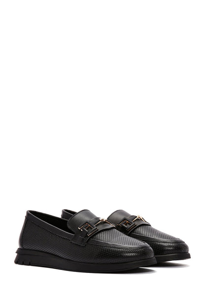 Kadın Siyah Tokalı Deri Comfort Loafer