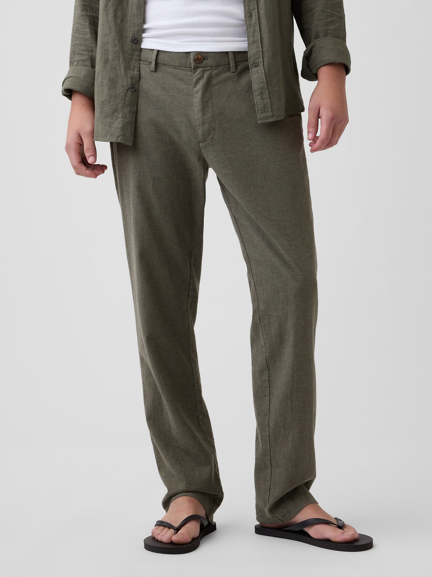 Haki Straight Keten Karışımı Pantolon