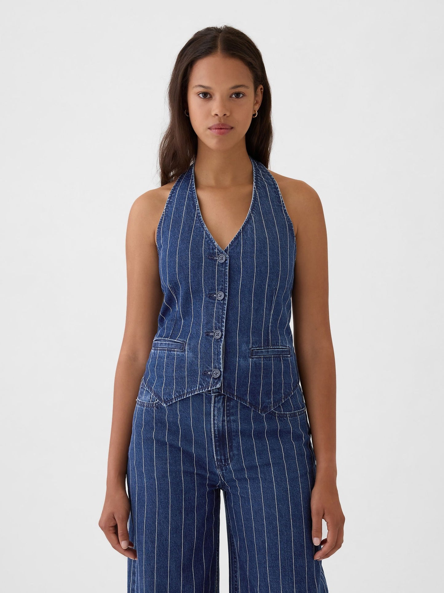 Koyu Mavi Halter Yaka Denim Yelek