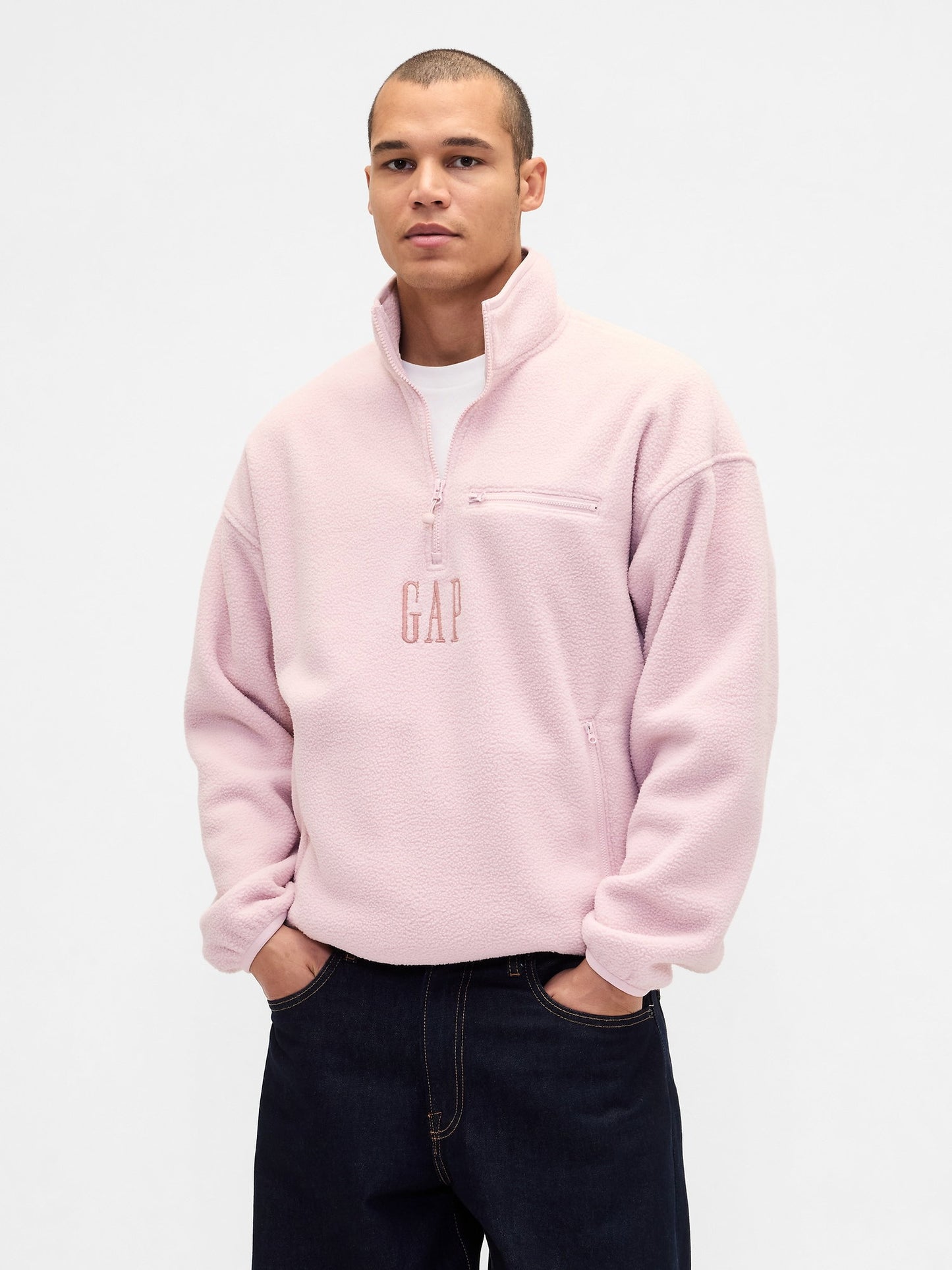 Açık Pembe Sherpa Oversized Yarım Fermuarlı Logo Sweatshirt