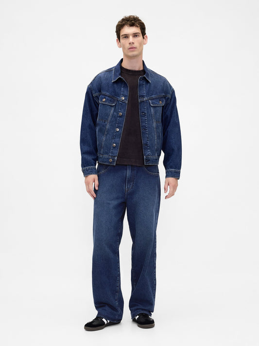Koyu Mavi Stranger Things Flannel-astarlı Extra Baggy Jean Pantolon