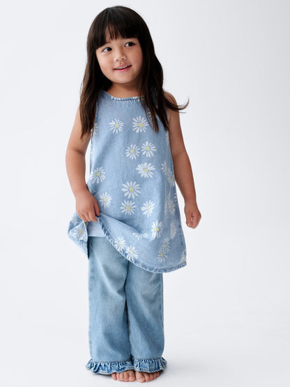 Mavi Papatya Baskılı Denim Elbise