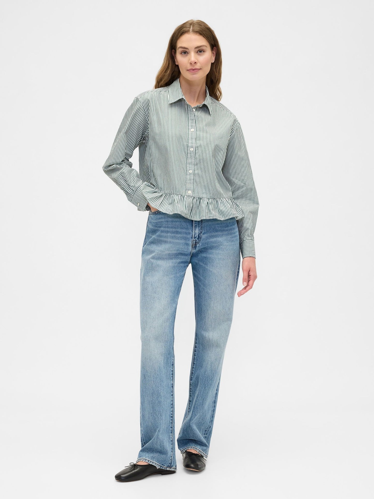 Yeşil Relaxed Cropped Poplin Peplum Gömlek