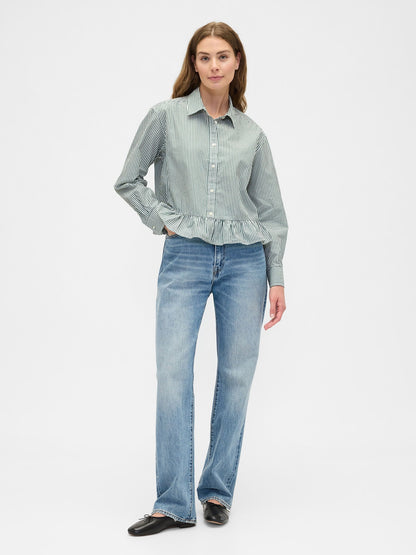 Yeşil Relaxed Cropped Poplin Peplum Gömlek