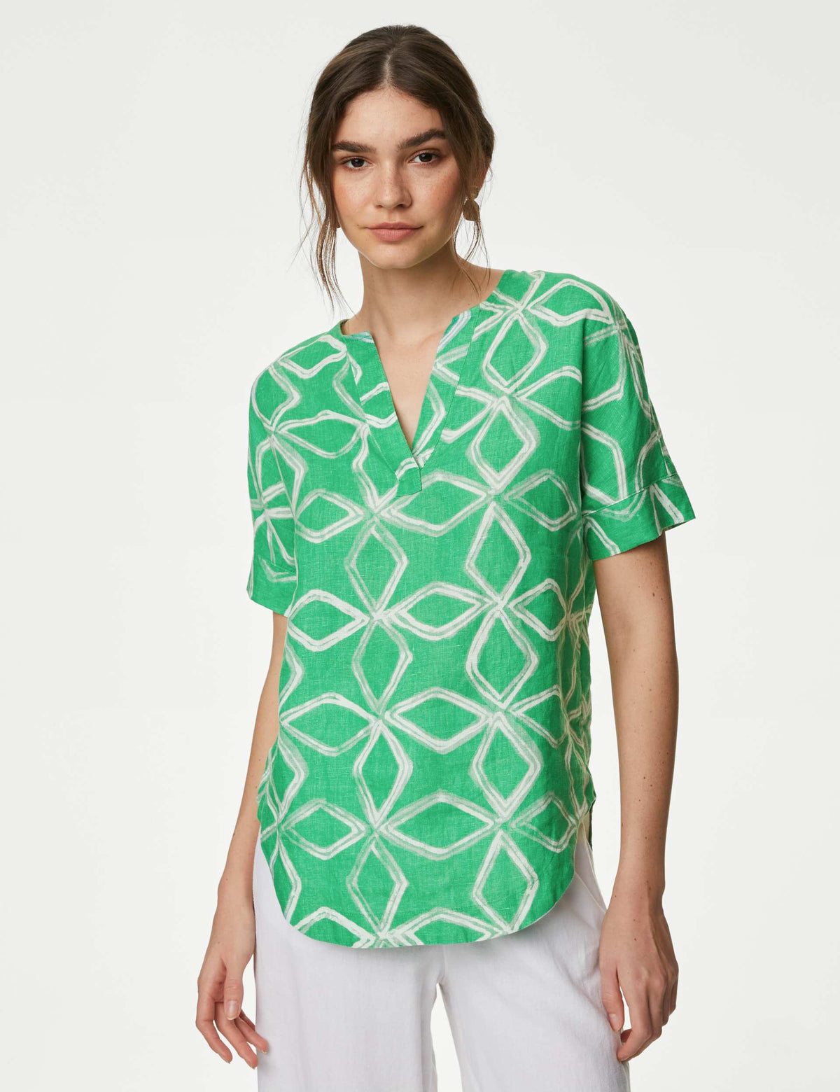 Kısa Kollu Desenli Saf Keten Popover Bluz