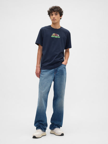Lacivert Everyday Soft Relaxed Grafik Baskılı T-shirt
