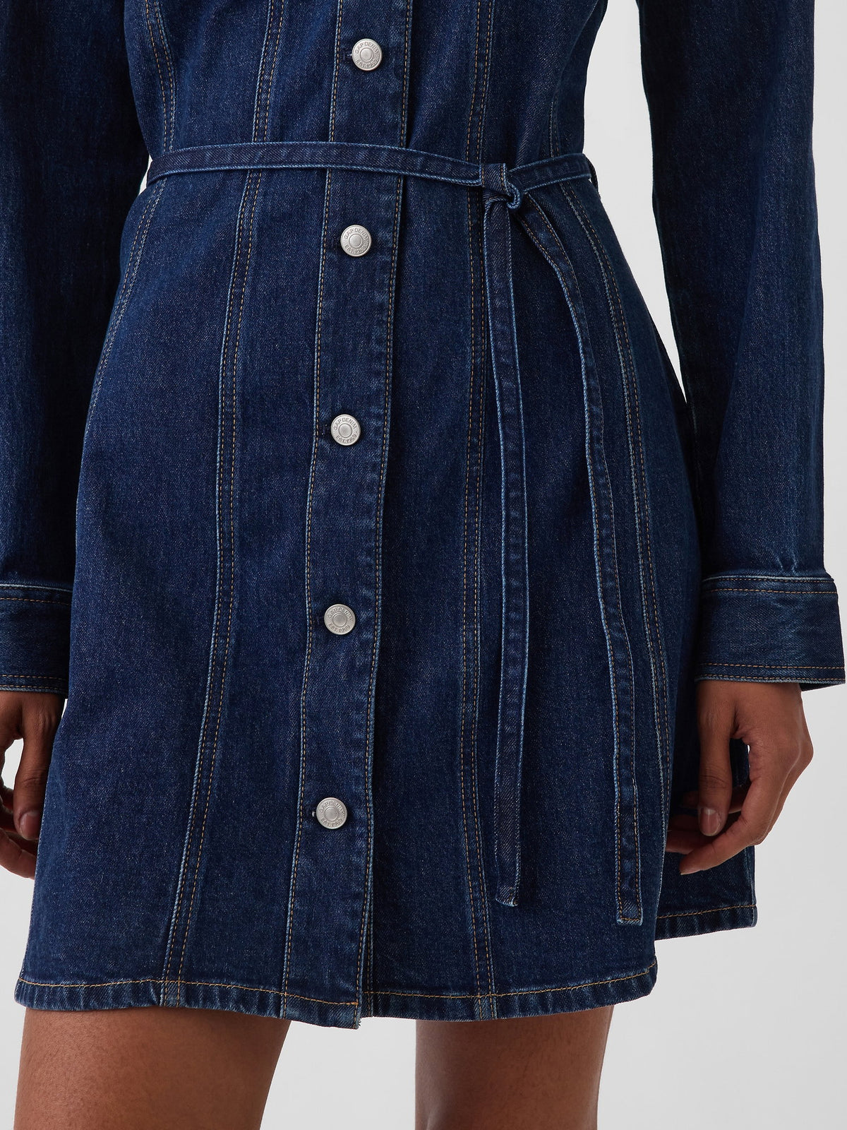 Koyu Mavi Denim Kemerli Mini Elbise