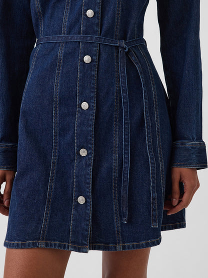 Koyu Mavi Denim Kemerli Mini Elbise
