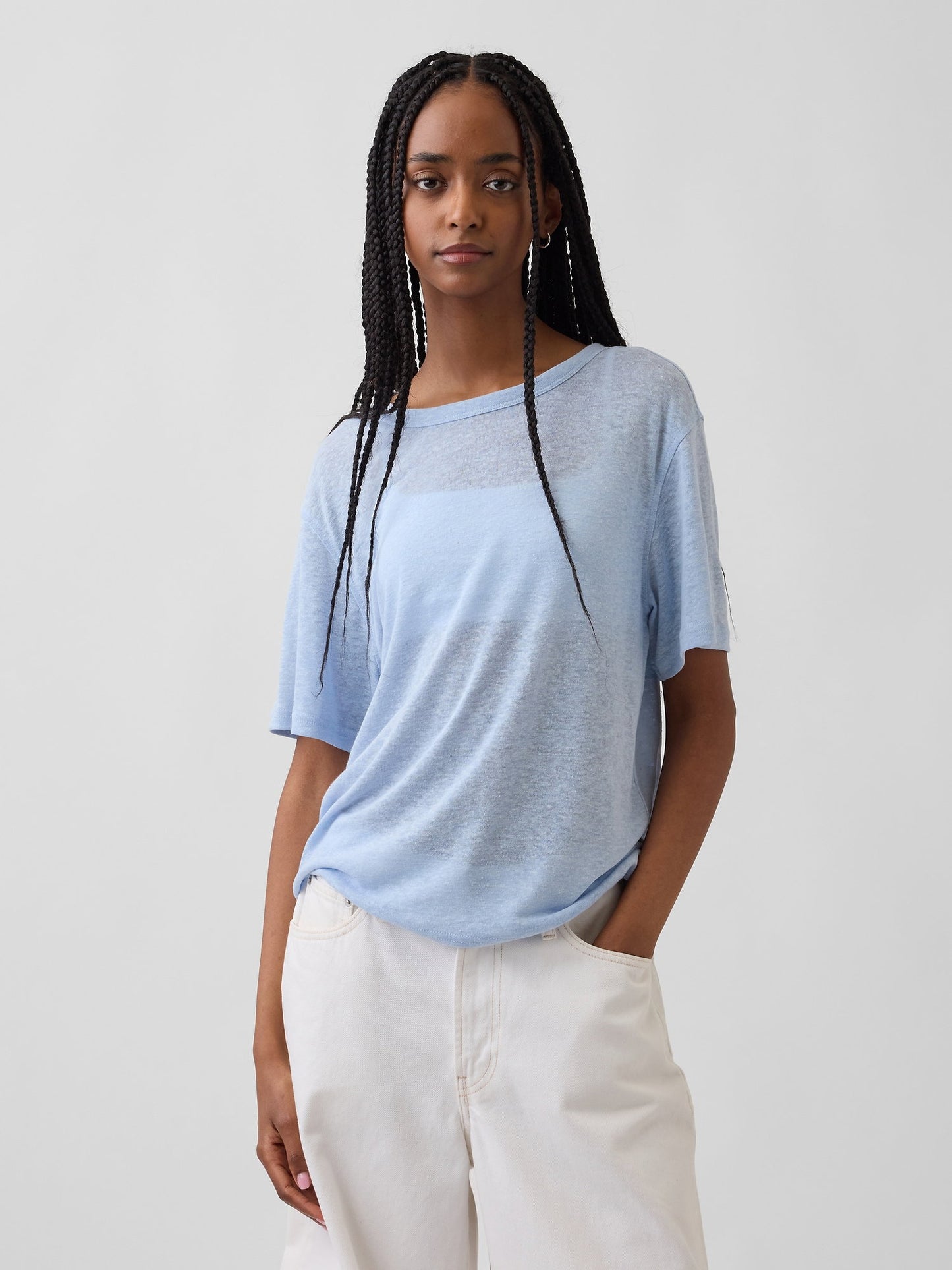 Açık Mavi Keten Karışımlı Relaxed T-shirt